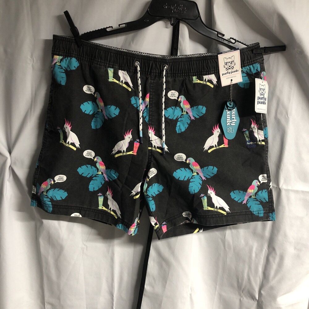 PARTY PANTS Men's black Polly wanna Cocktail Swim Trunks Size XL Novelty